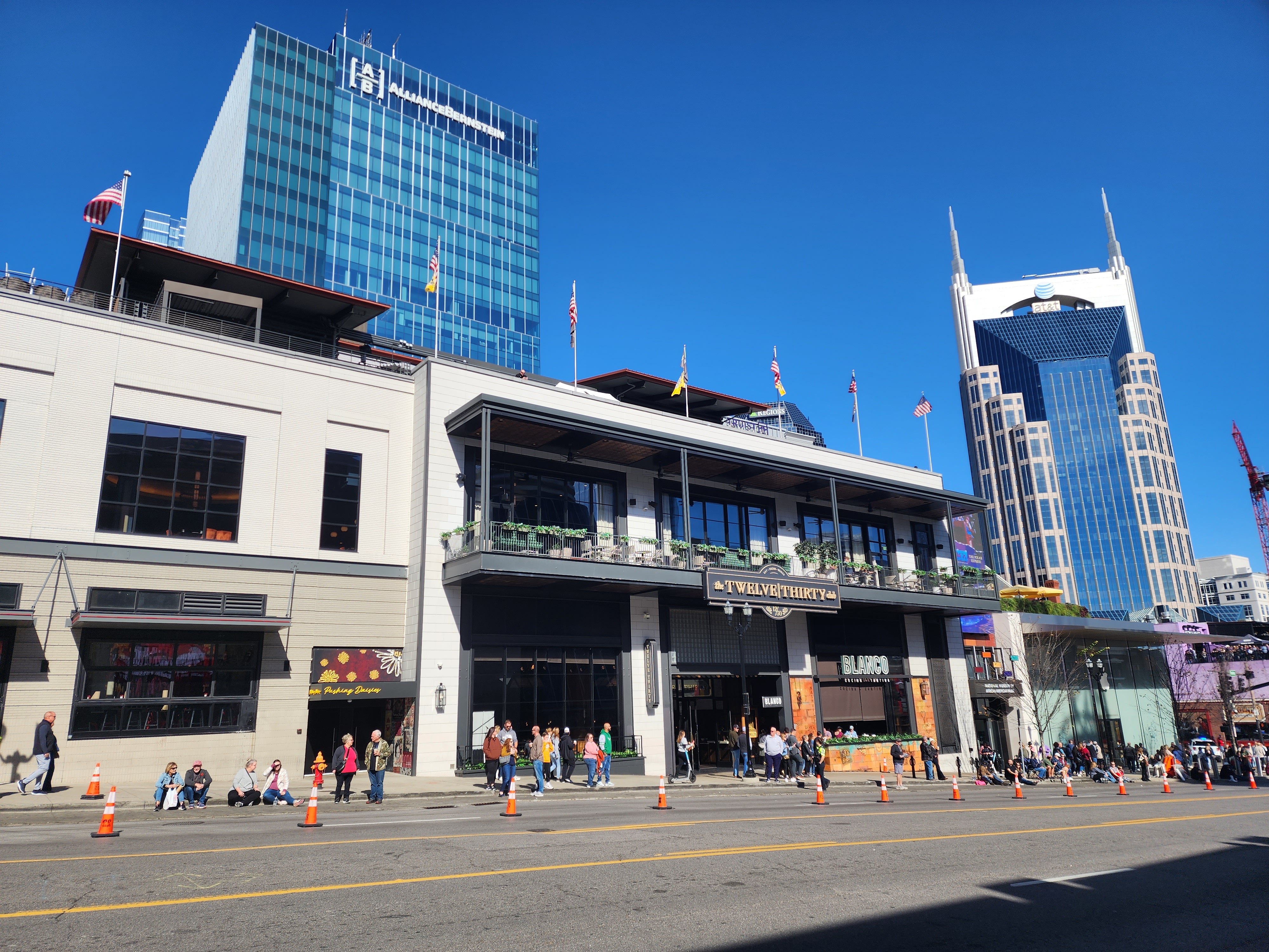 Fifth + Broadway and the AT&T Building in downtown Nashville during the day.